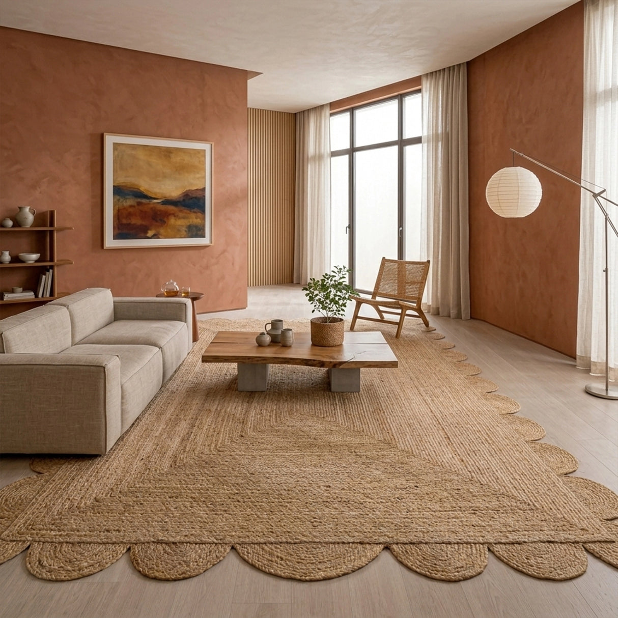 Natural Scalloped Jute Area Rug - Rectangular