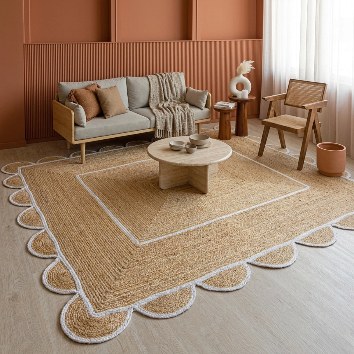 Scalloped Border Jute Area Rug - Rectangular