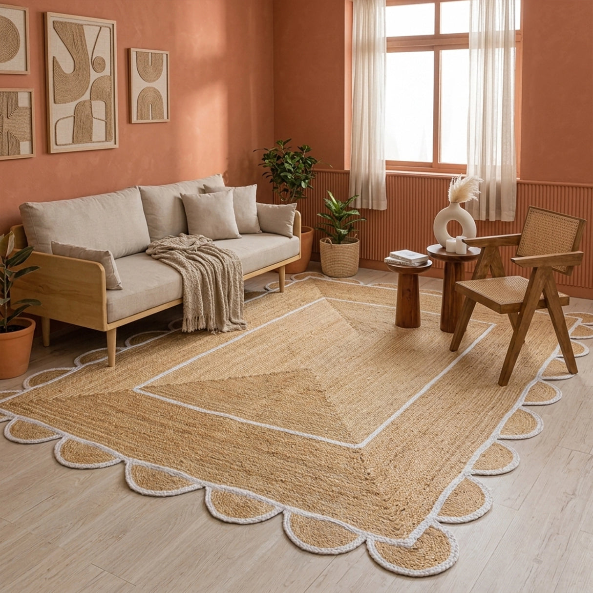 Scalloped Border Jute Area Rug - Rectangular