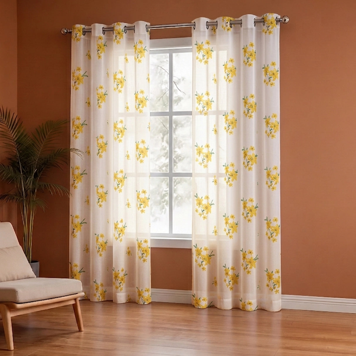 Imprimer Gleamflora - Flower Printed Eyelet Curtain (Yellow)