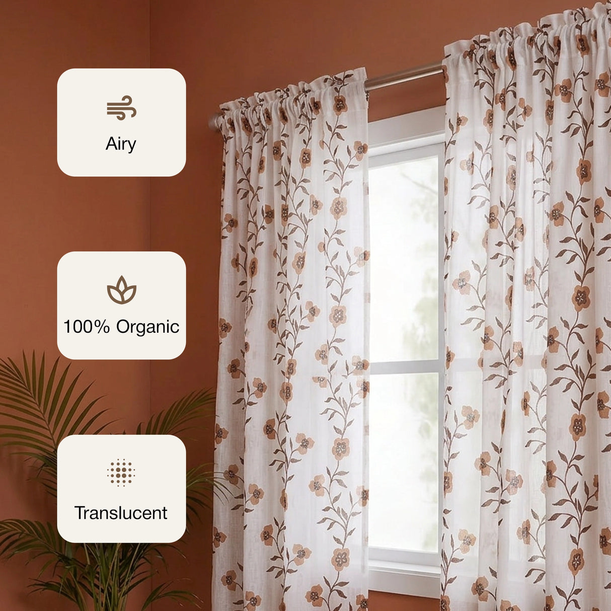 White Floral Velora Wines Rod Pocket Printed Sheer Curtain