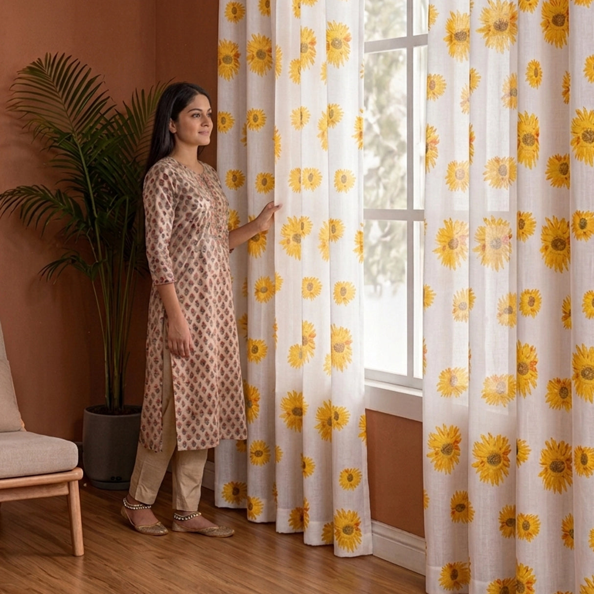 Imprimer Blooming Sunflowers - Printed Sheer Eyelet Curtain