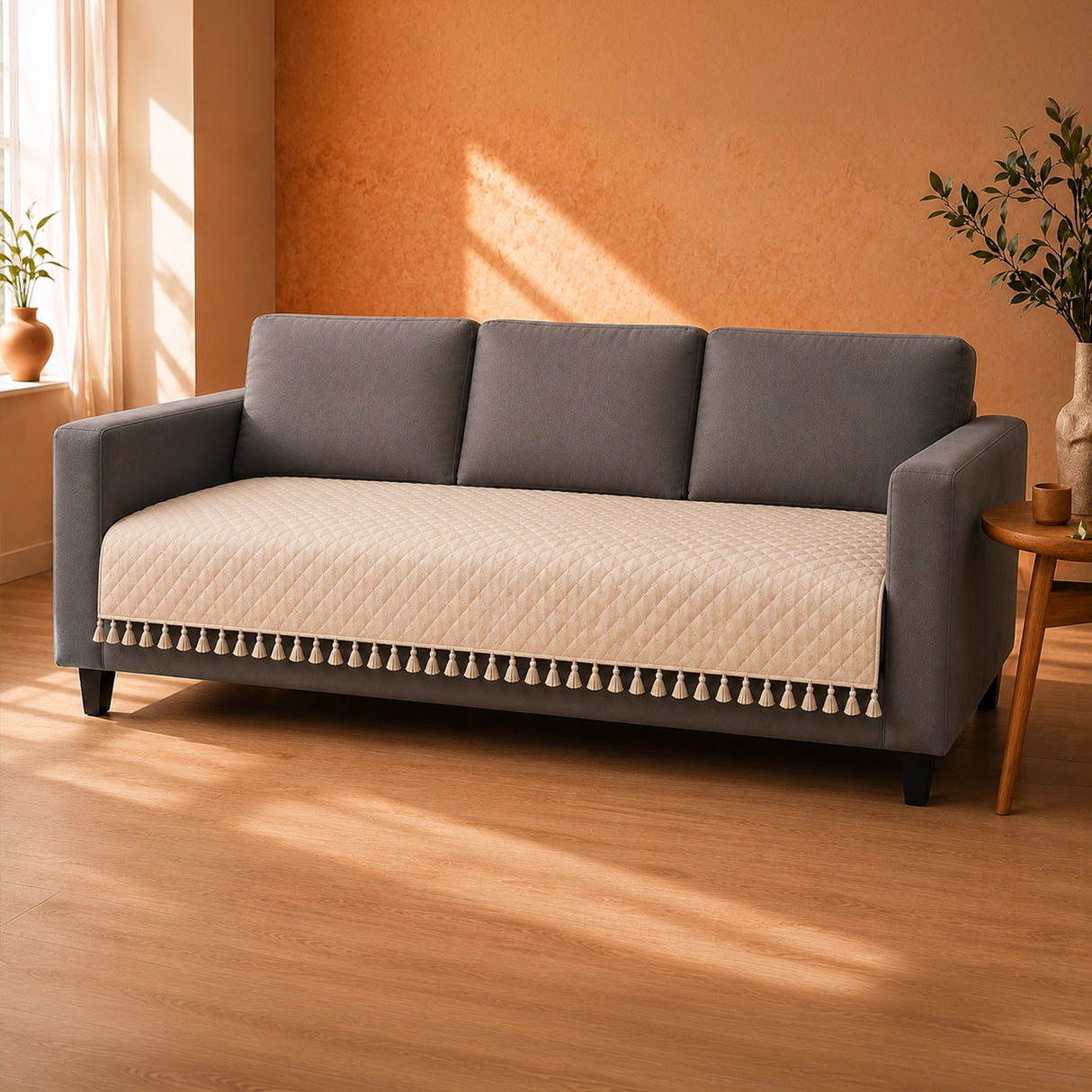 Quilted Velvet Sofa Cover with Tassels (Beige)