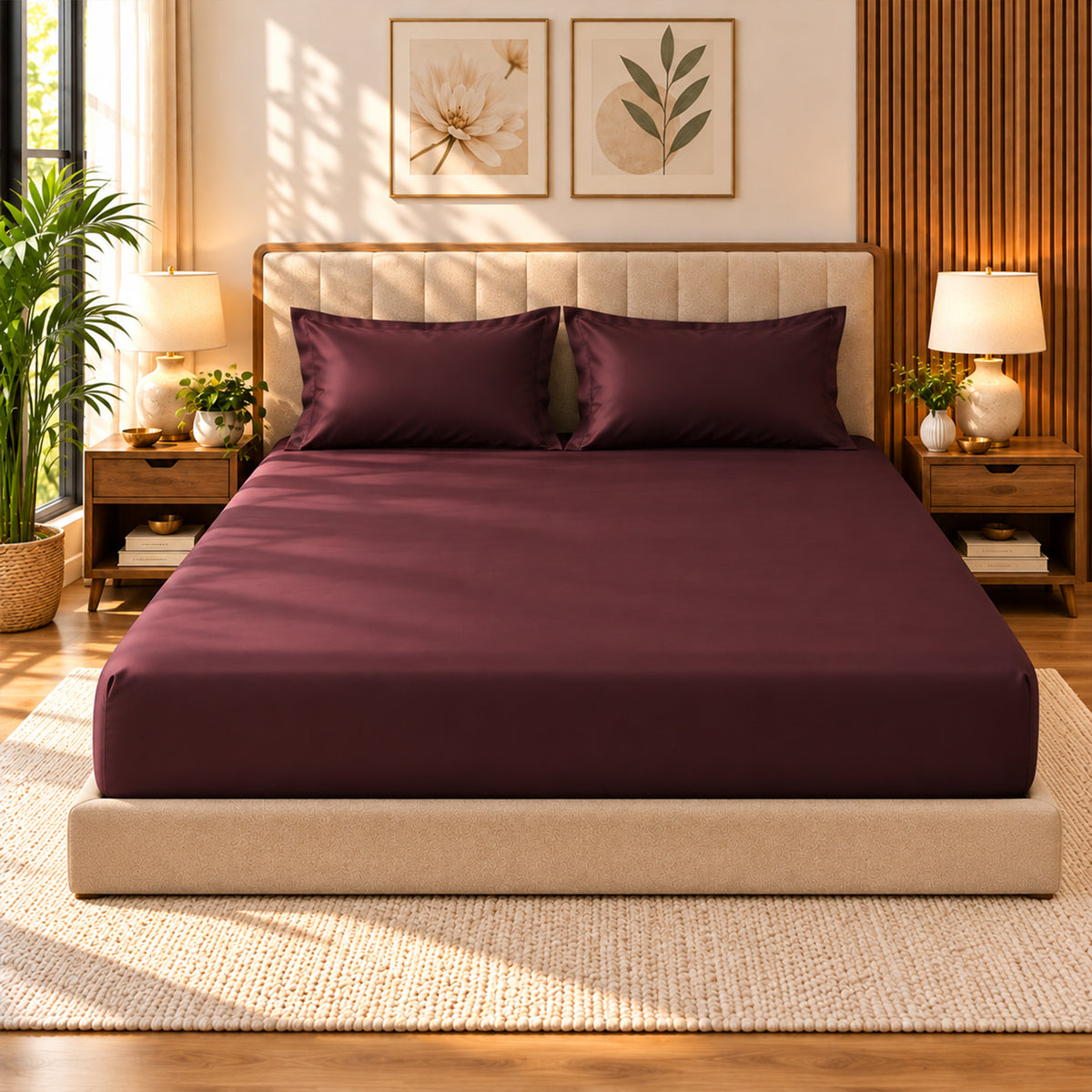 Premium Poly Satin Fitted Bedsheet – Soft, Smooth & Snug Fit, Burgundy