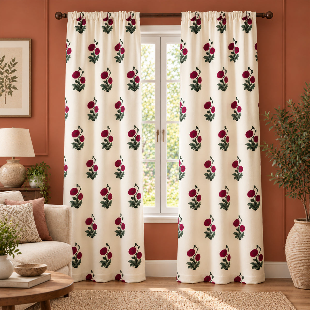 Red Rose Printed Rod Pocket Duck Curtain