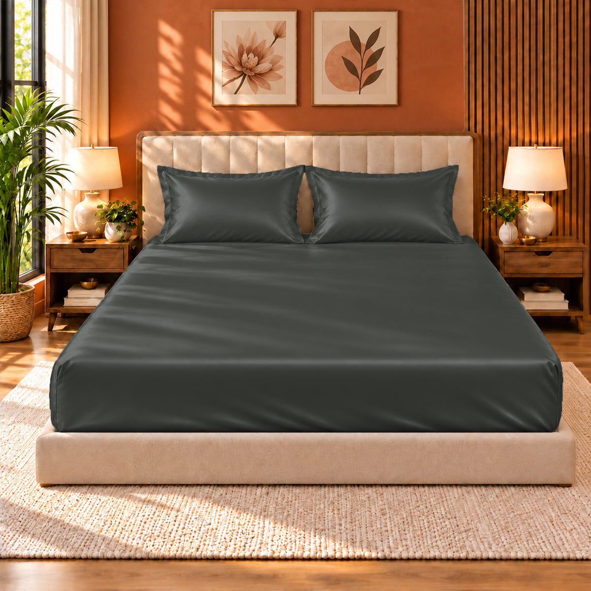 Premium Poly Satin Fitted Bedsheet – Soft, Smooth & Snug Fit,Graphite Grey