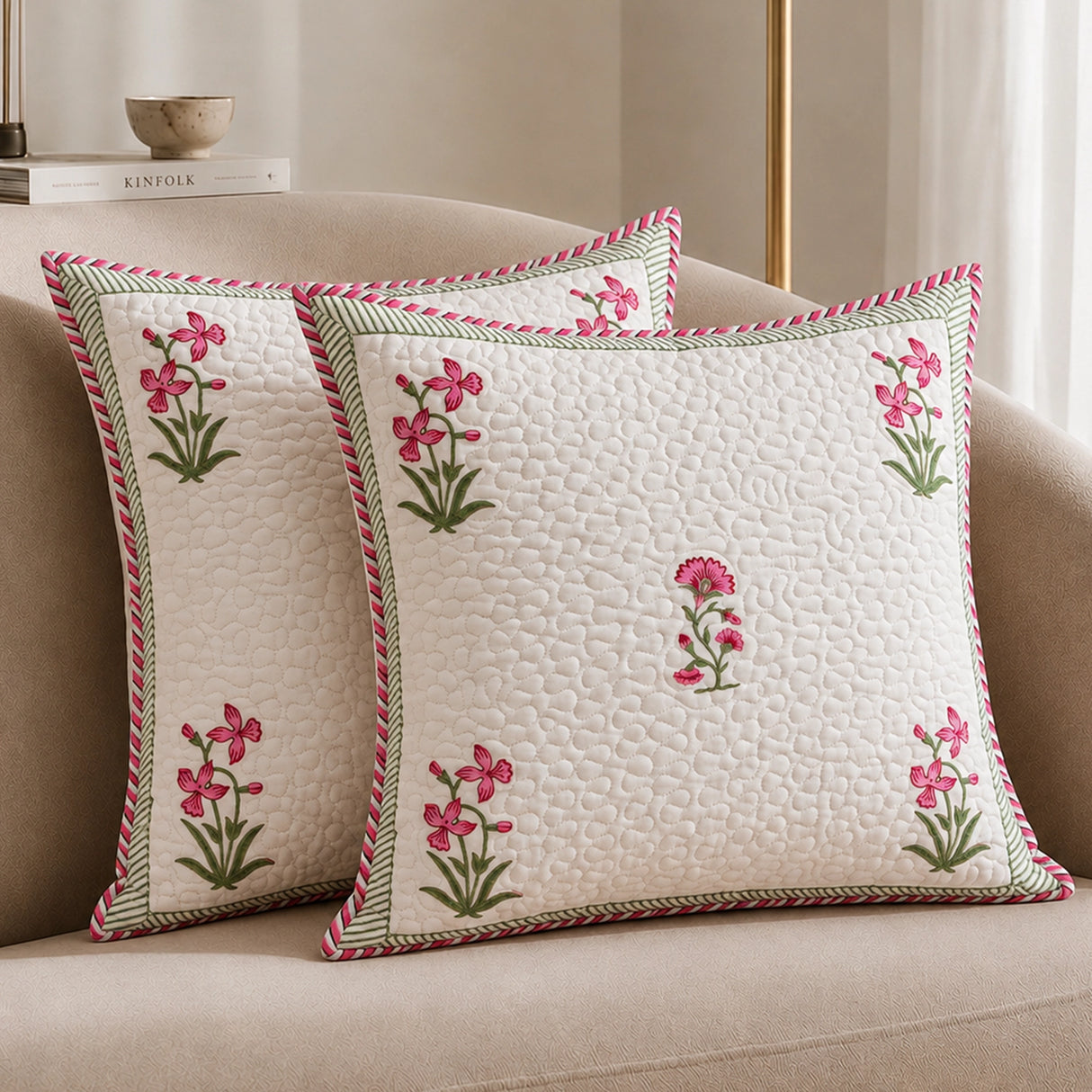 Ombre Orchid - Hand Block Print Quilted Cushion Cover (Pink)