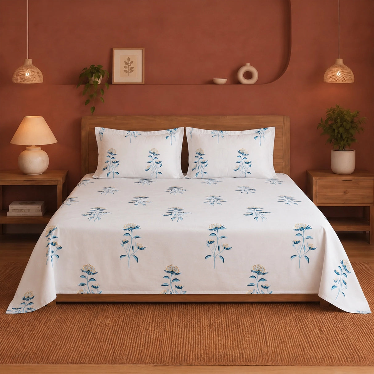 Wild Grace Flower - Floral Bedsheet (Turquoise & Blue)