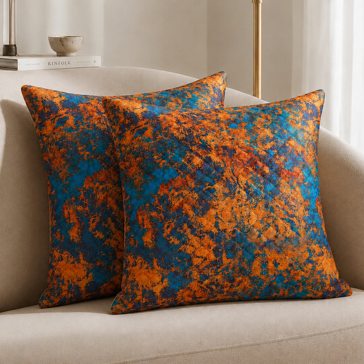 Abstract Pattern Quilted Cushion Cover (Turquoise & Mustard)