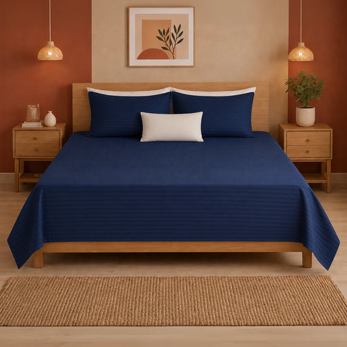 Breton Nap - Satin Stripes Bedsheet (Dark Blue)