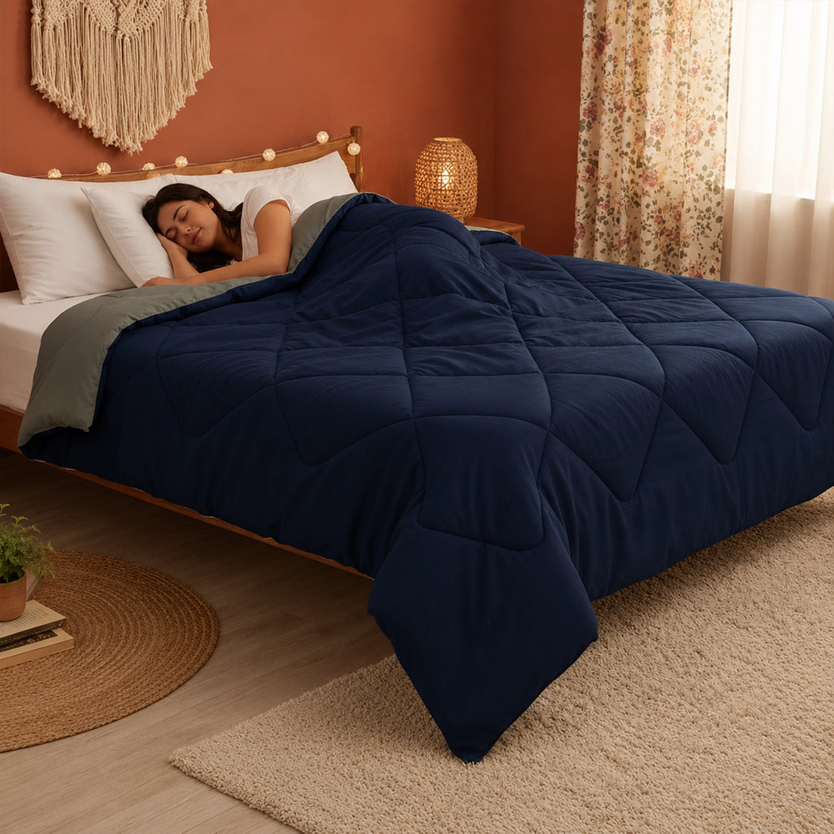 Fort - Box Stitch Duvet Comforter (Dark Blue & Light Grey)