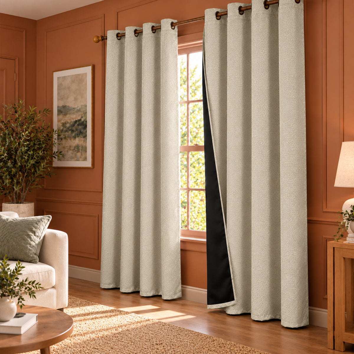 Opaline Off White Embossed Blackout Curtain (Elara - Eyelets)