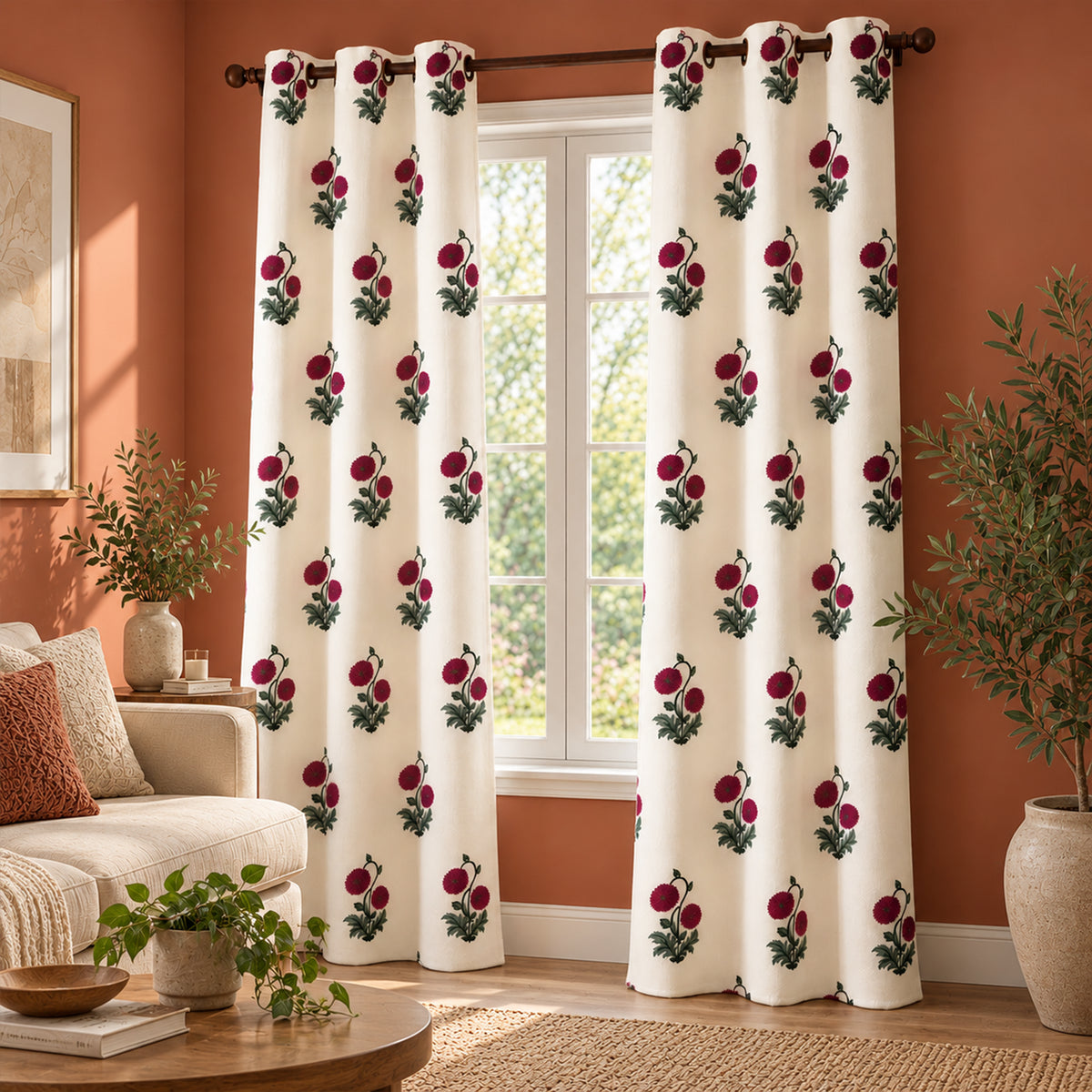 Red Rose Printed Eyelet Duck Curtain