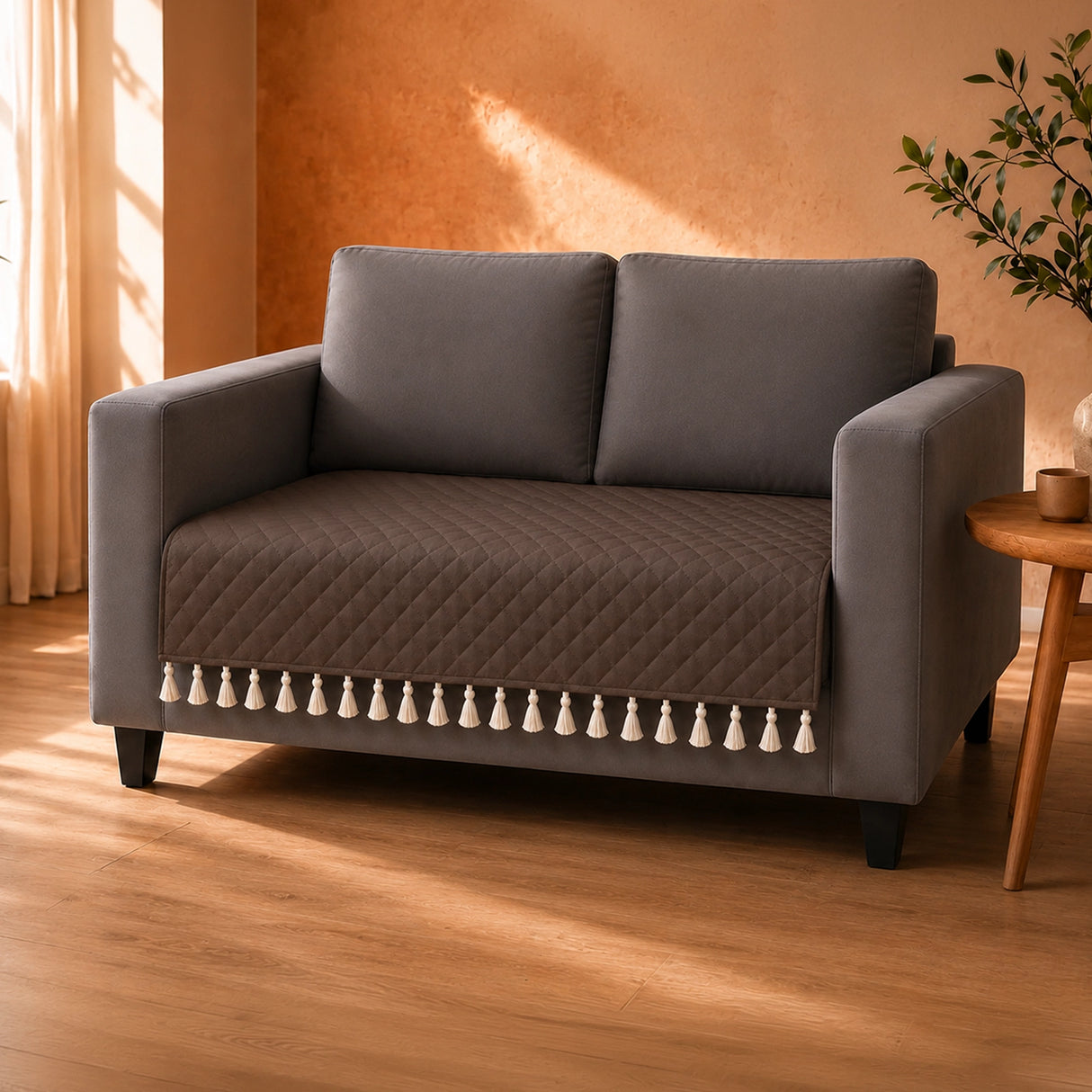 Quilted Velvet Sofa Cover with Tassels (Brown)