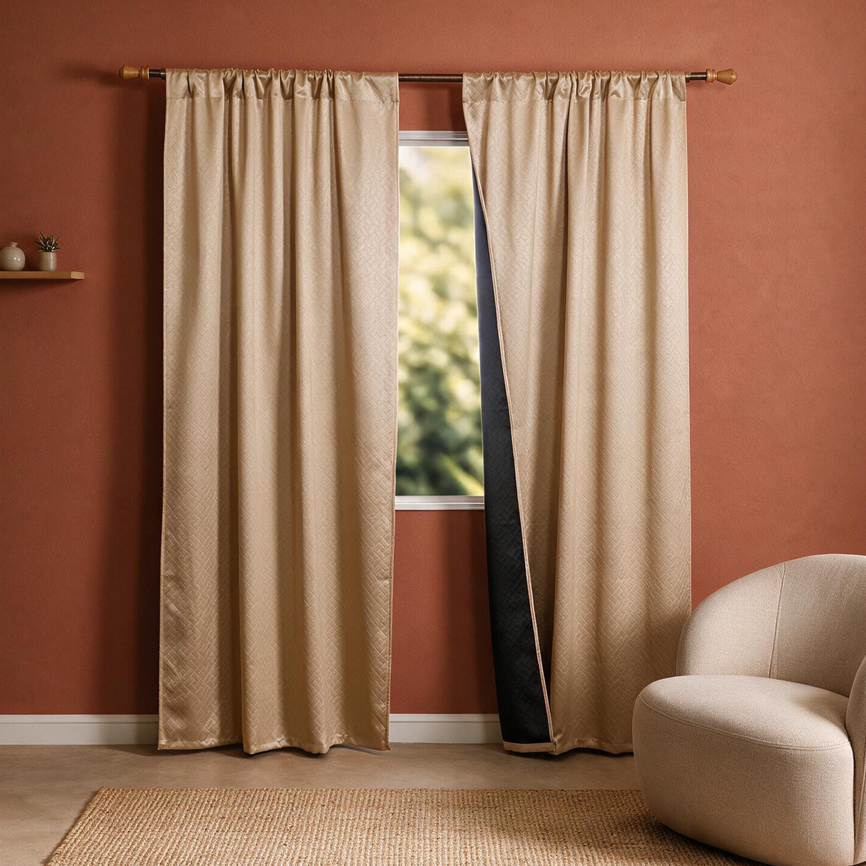 Beige Embossed Blackout Curtain (Brick Lace - Rod Pocket)