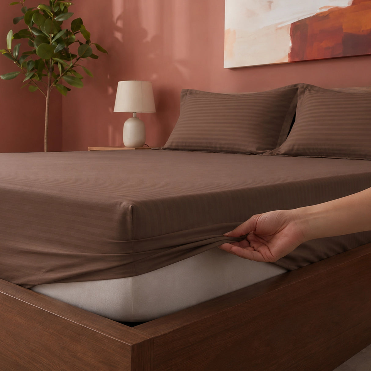 Breton Drift - Satin Stripes Fitted Bedsheet (Brown)