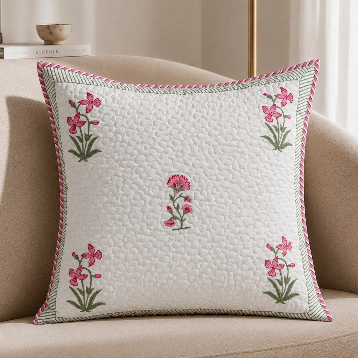 Ombre Orchid - Hand Block Print Quilted Cushion Cover (Pink)