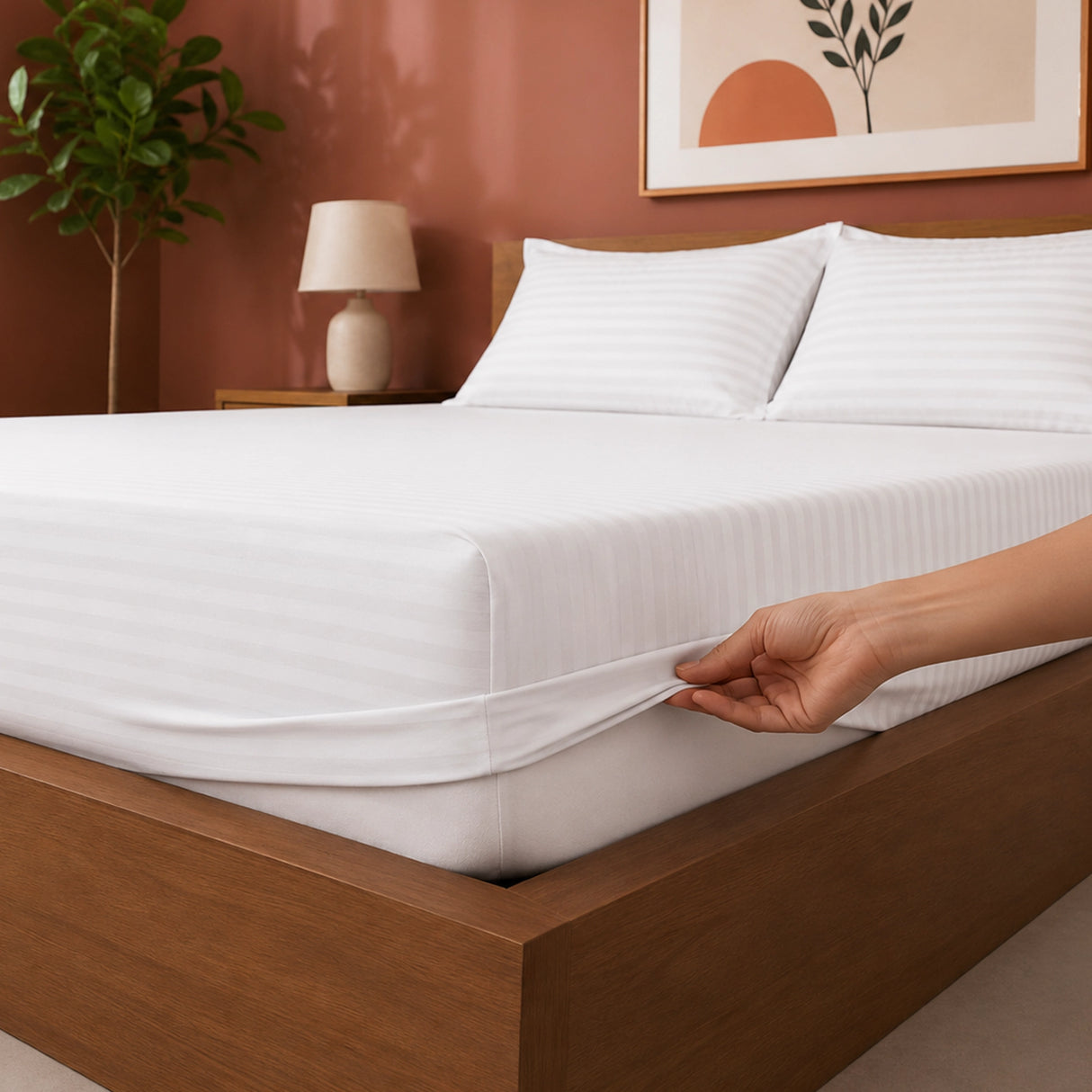 Breton Drift - Satin Stripes Fitted Bedsheet (White)