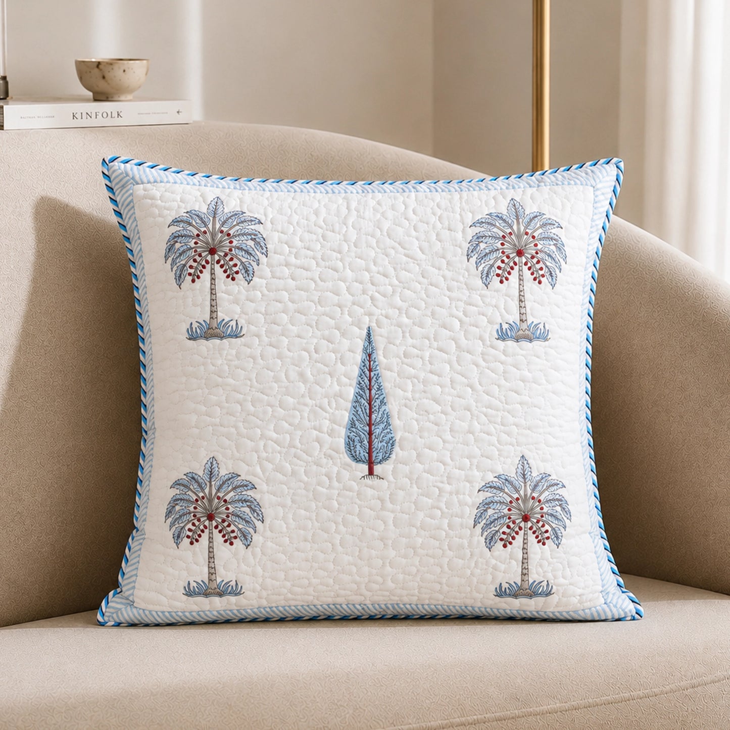 Ombre Lupine - Hand Block Print Quilted Cushion Cover (Blue)