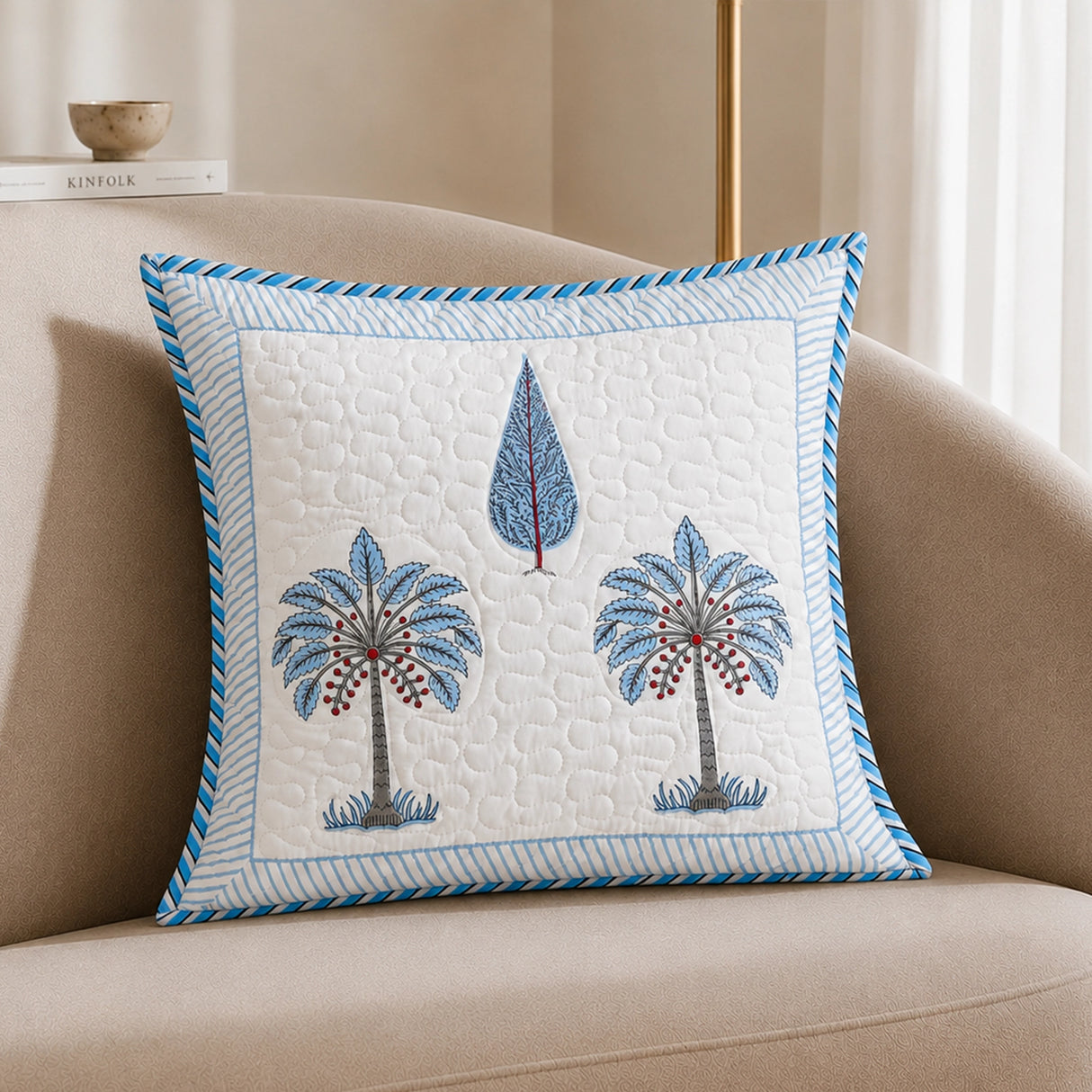 Ombre Lupine - Hand Block Print Quilted Cushion Cover (Blue)