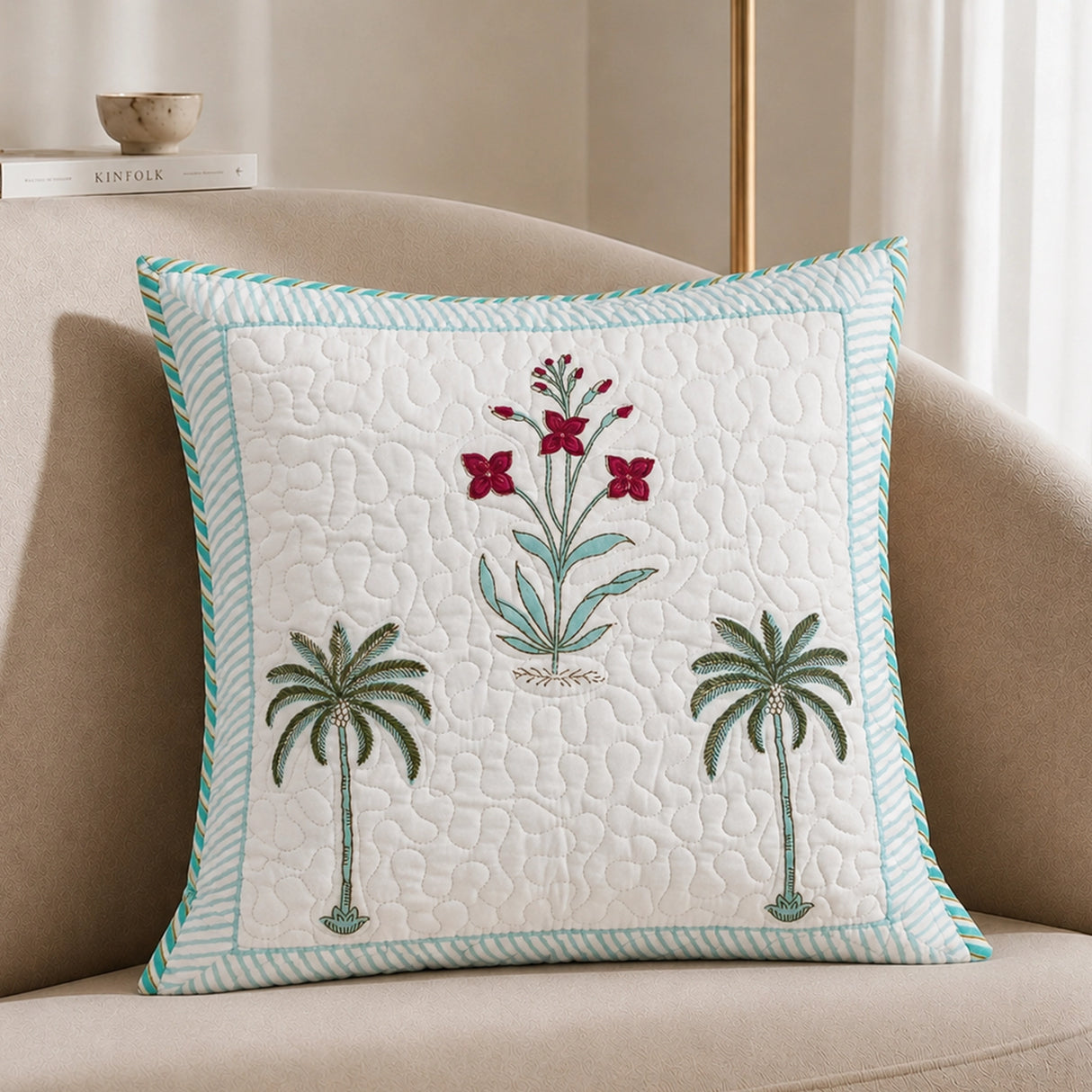 Ombre Tulip - Hand Block Print Quilted Cushion Cover (Green)