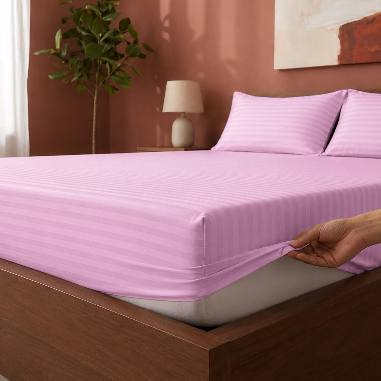 Breton Drift - Satin Stripes Fitted Bedsheet (Baby Pink)