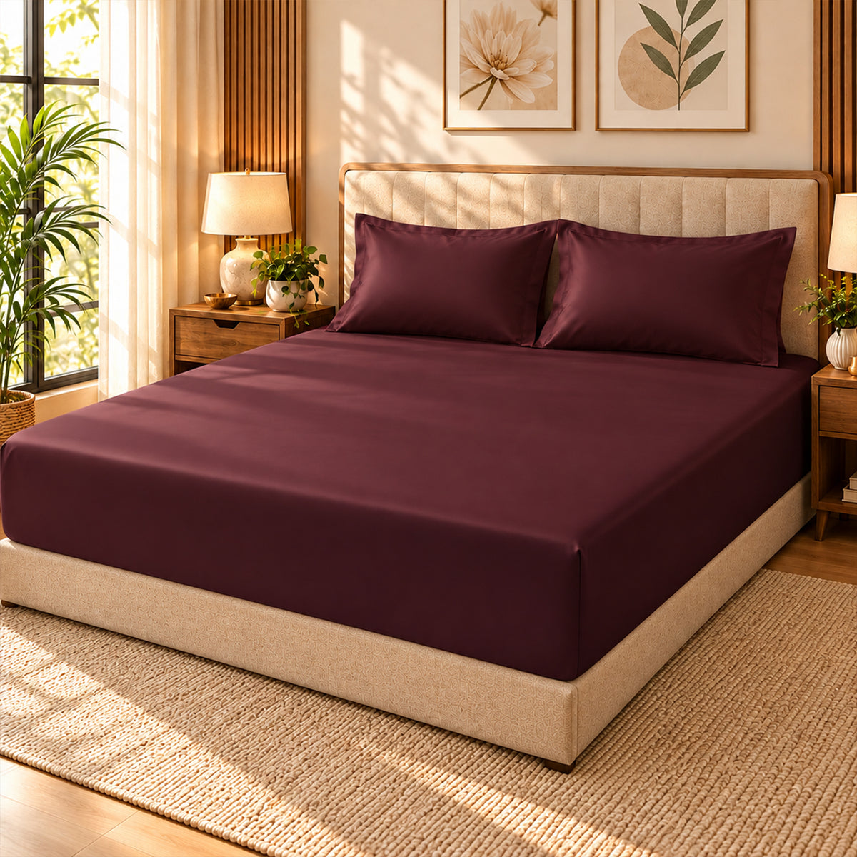 Premium Poly Satin Fitted Bedsheet – Soft, Smooth & Snug Fit, Burgundy
