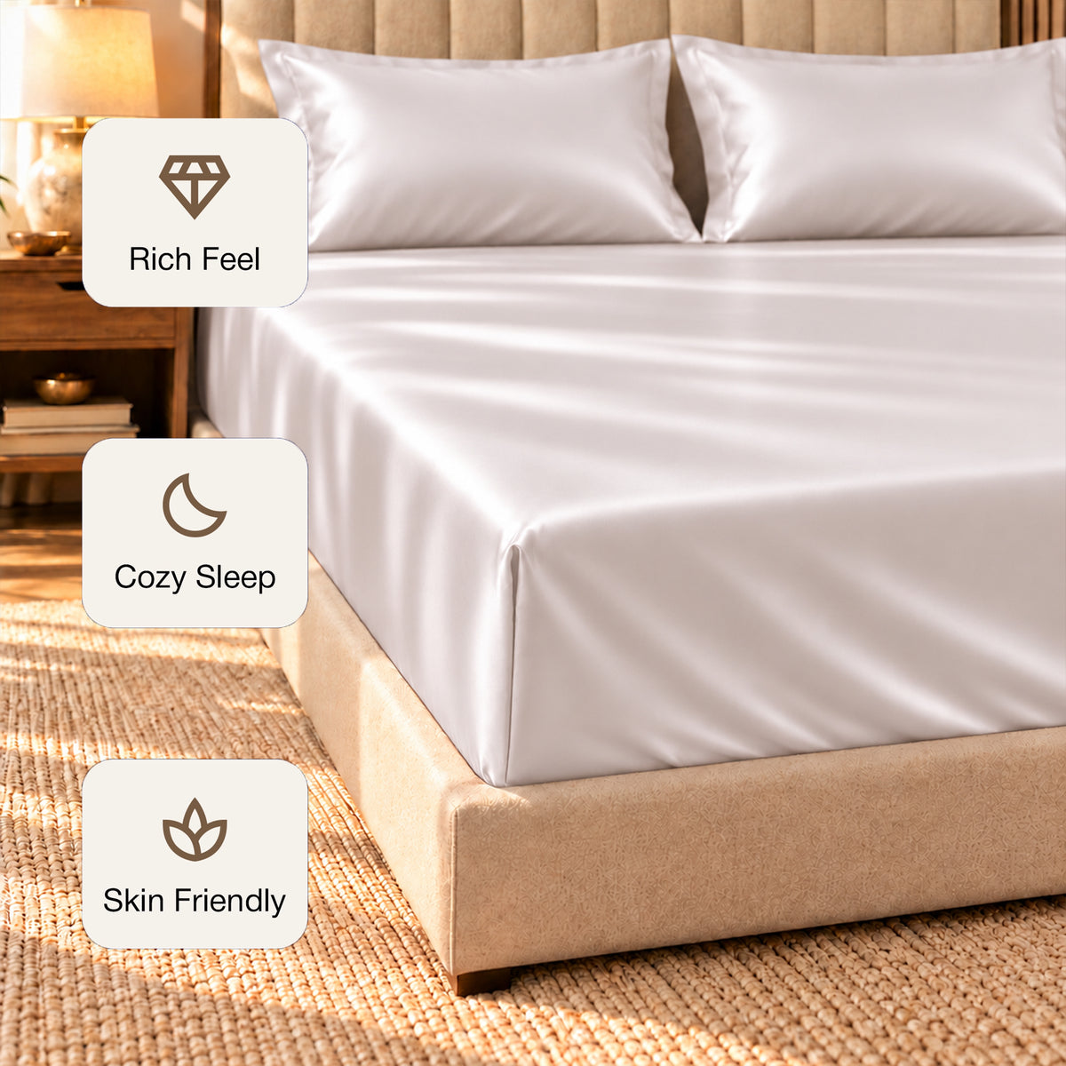 Premium Poly Satin Fitted Bedsheet – Soft, Smooth & Snug Fit, Champagne