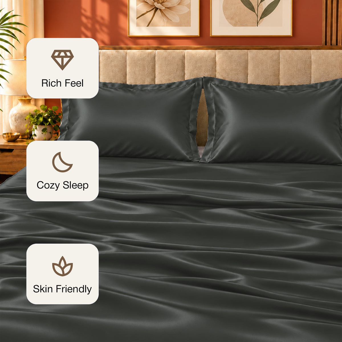 Premium Poly Satin Bedsheet – Soft, Smooth & Silky,Graphite Grey