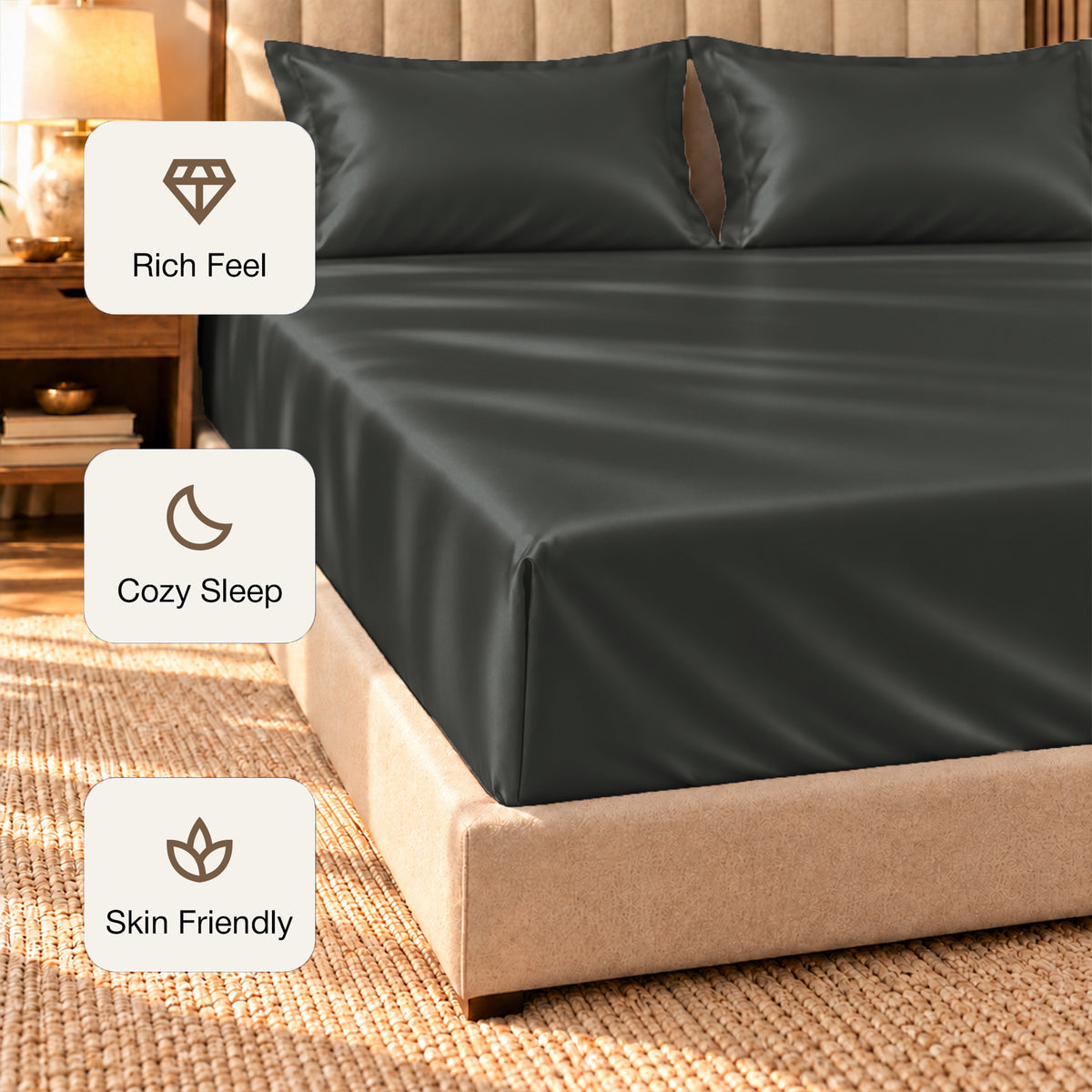 Premium Poly Satin Fitted Bedsheet – Soft, Smooth & Snug Fit,Graphite Grey