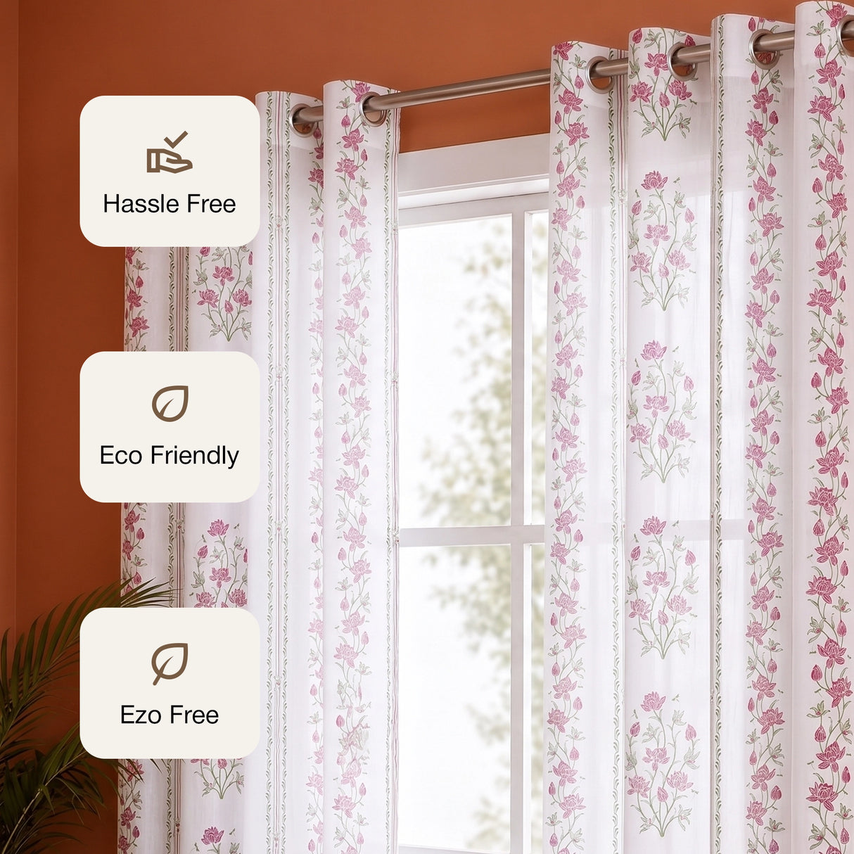 Pink Floral Petal Stripe Eyelet Printed duck Curtain