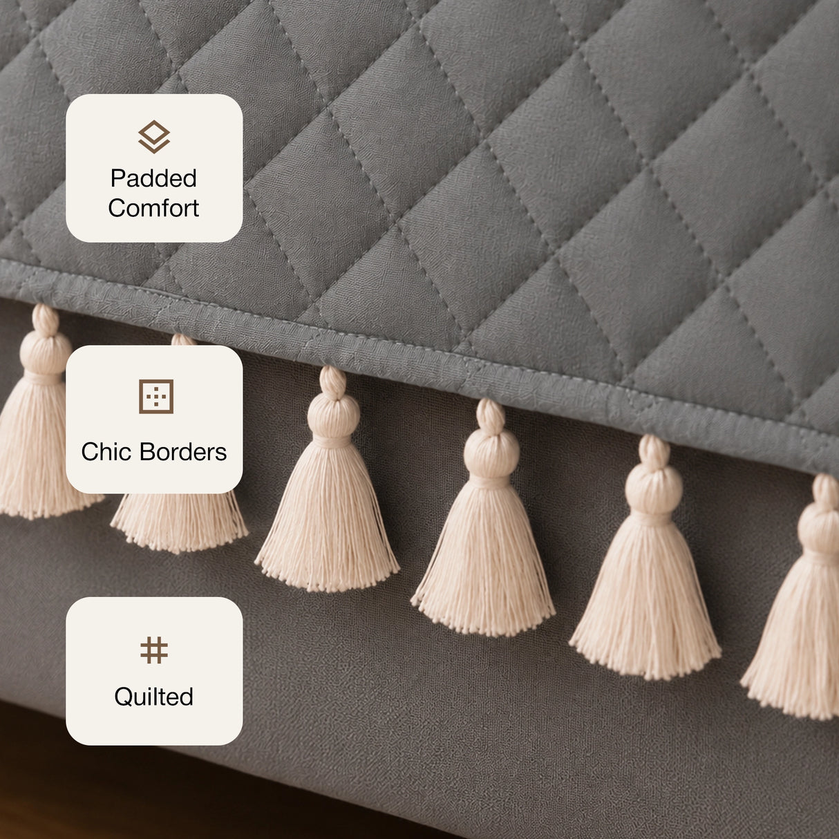 Quilted Velvet Sofa Cover with Tassels (Grey)