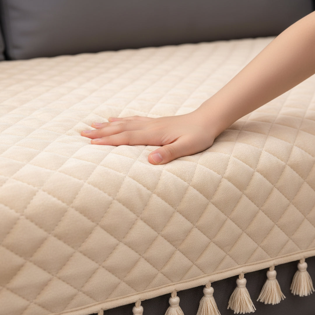 Quilted Velvet Sofa Cover with Tassels (Beige)