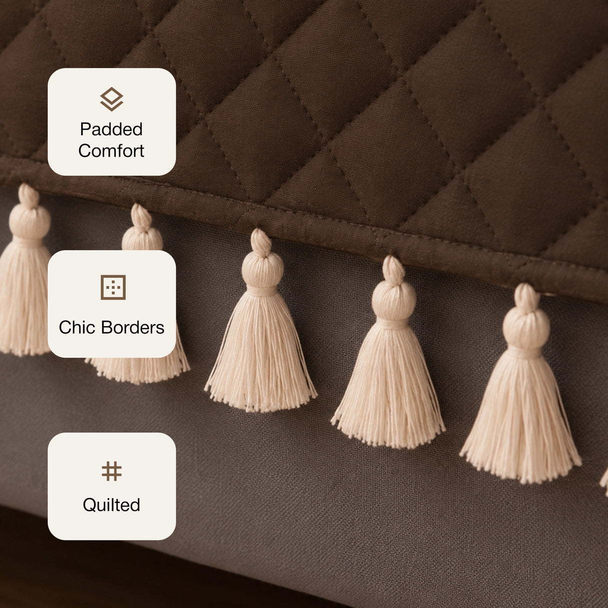 Quilted Velvet Sofa Cover with Tassels (Brown)