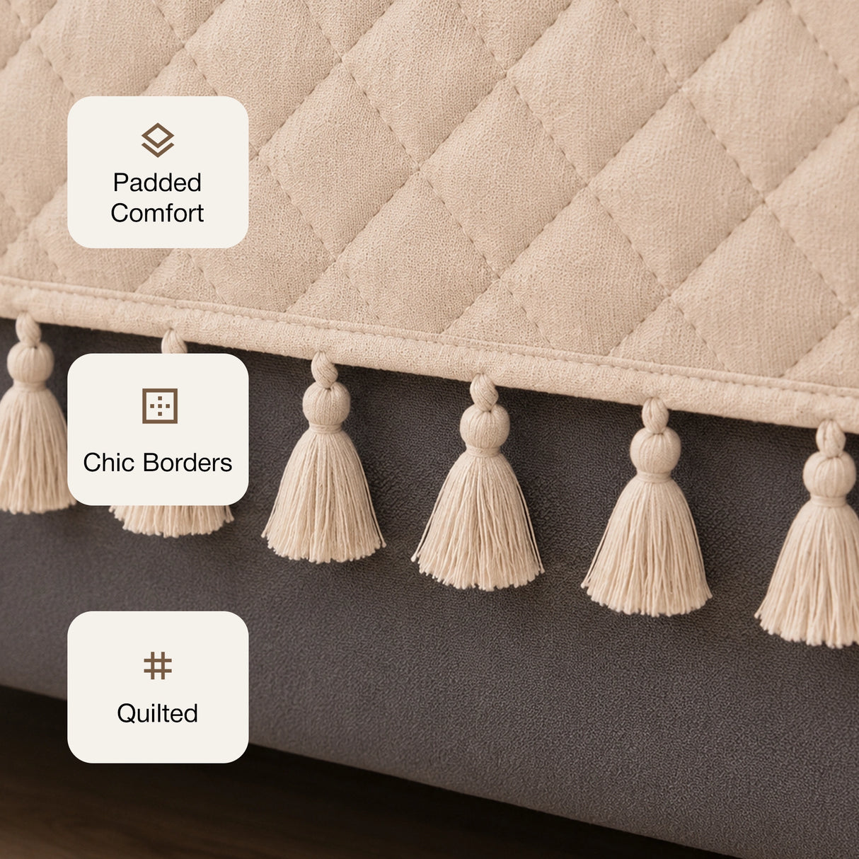Quilted Velvet Sofa Cover with Tassels (Beige)
