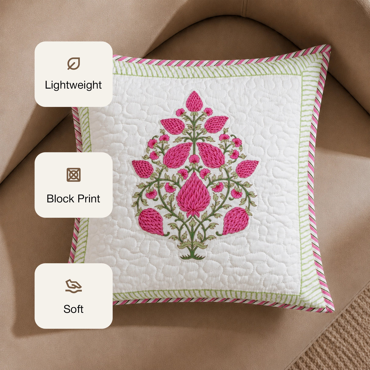 Ombre Berry - Hand Block Print Quilted Cushion Cover (Pink)