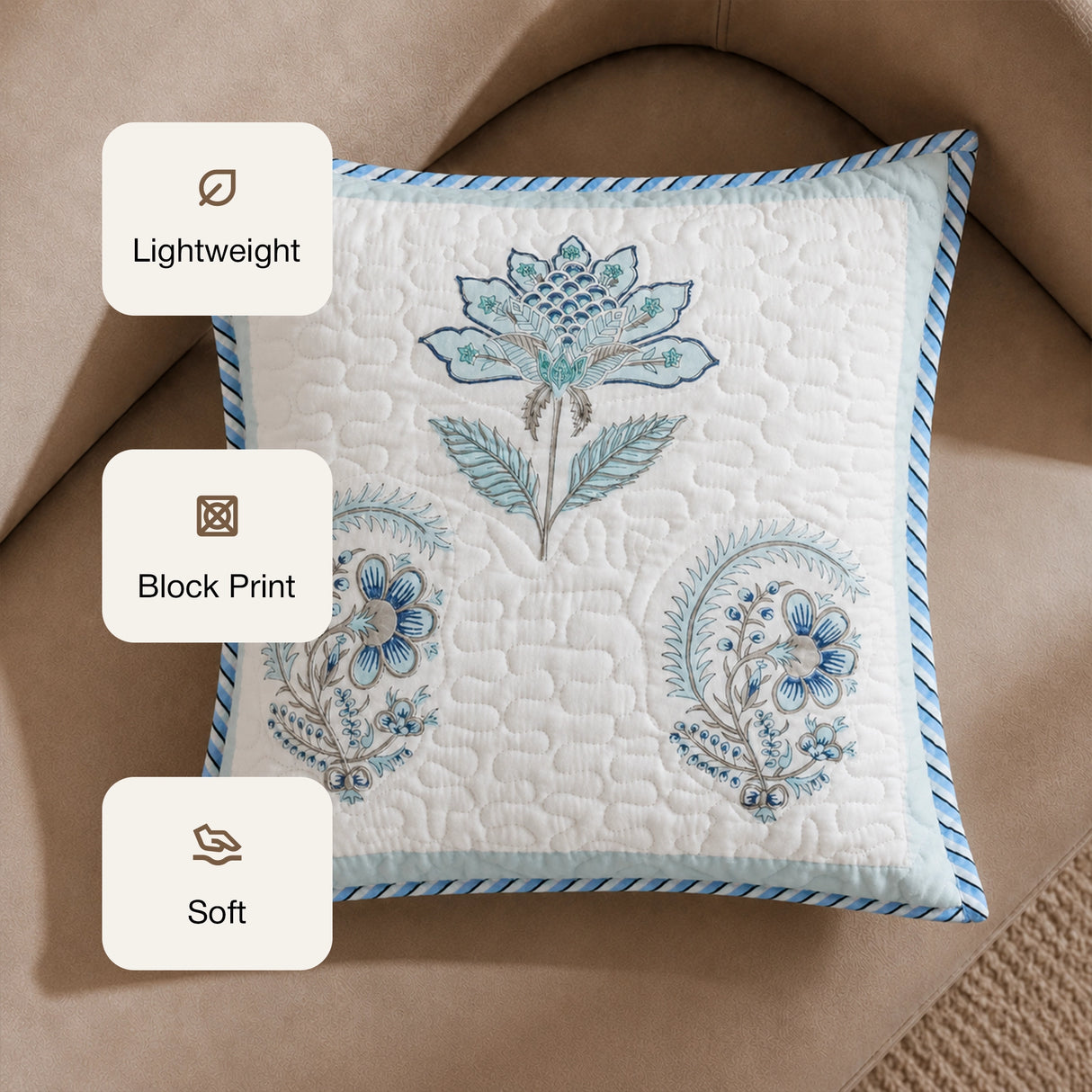 Ombre Tranquil - Hand Block Printed Quilted Cushion Cover (Baby Blue)