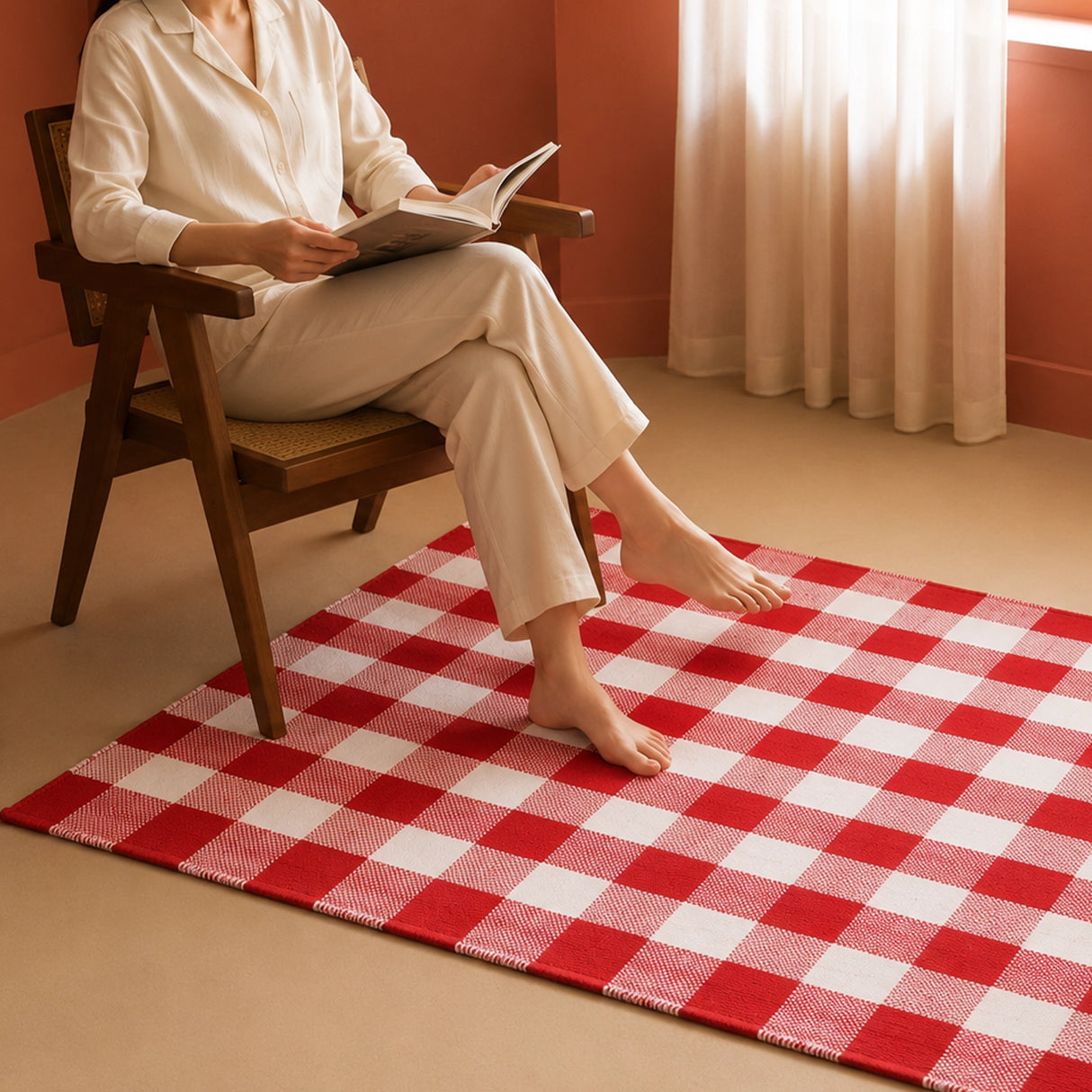 Breton Shadowplay - Plaid Rug (Red & White)
