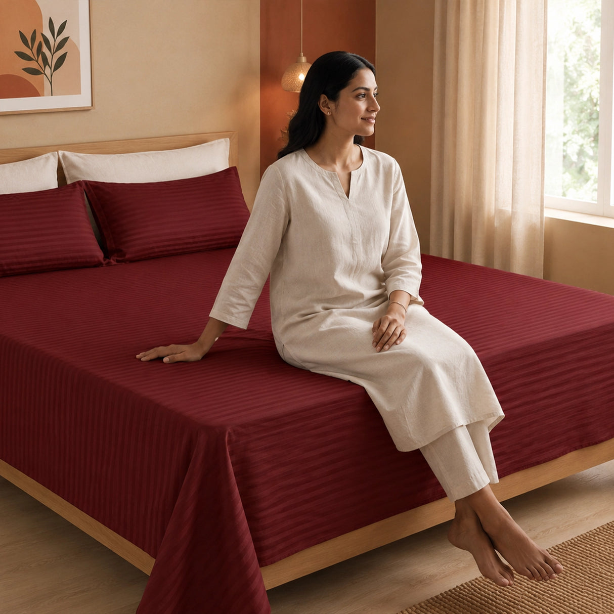 Breton Nap - Satin Stripes Bedsheet (Maroon)