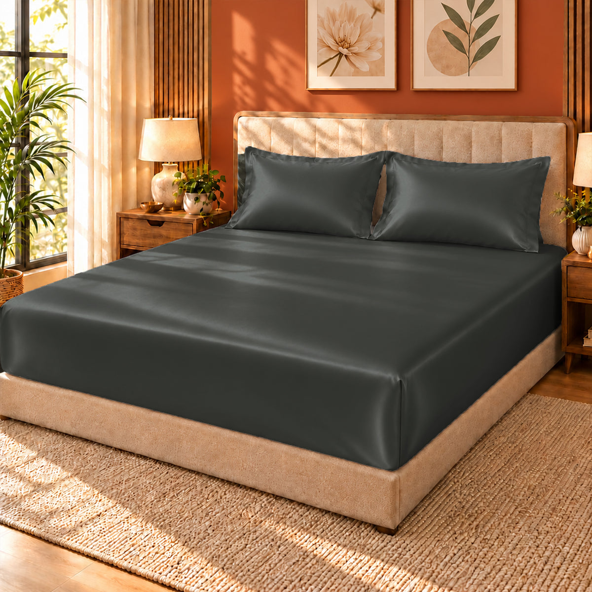 Premium Poly Satin Fitted Bedsheet – Soft, Smooth & Snug Fit,Graphite Grey