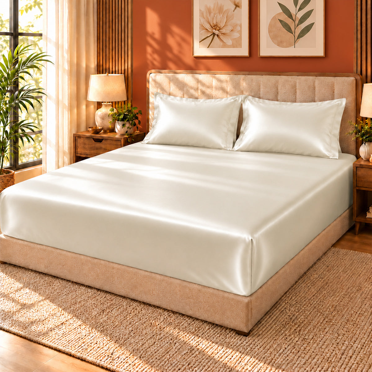 Premium Poly Satin Fitted Bedsheet – Soft, Smooth & Snug Fit,Vanilla