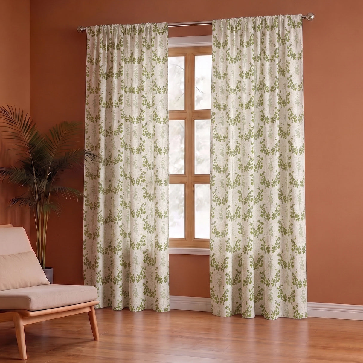 White Floral Botanic Hush Rod Pocket Printed duck Curtain