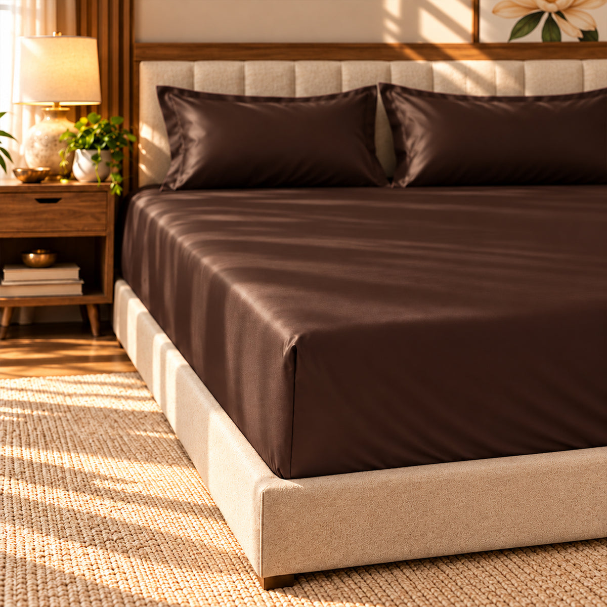 Premium Poly Satin Fitted Bedsheet – Soft, Smooth & Snug Fit, Chocolate Brown