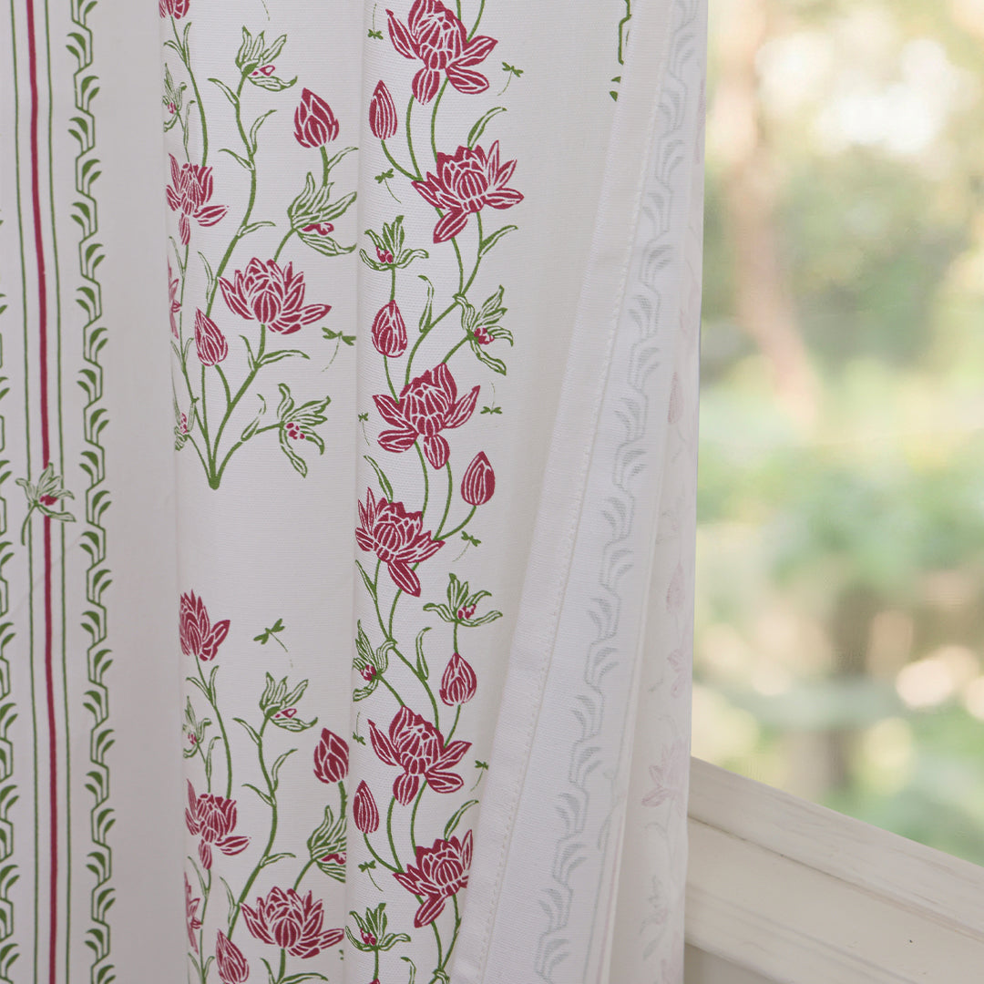 Pink Floral Petal Stripe Eyelet Printed duck Curtain