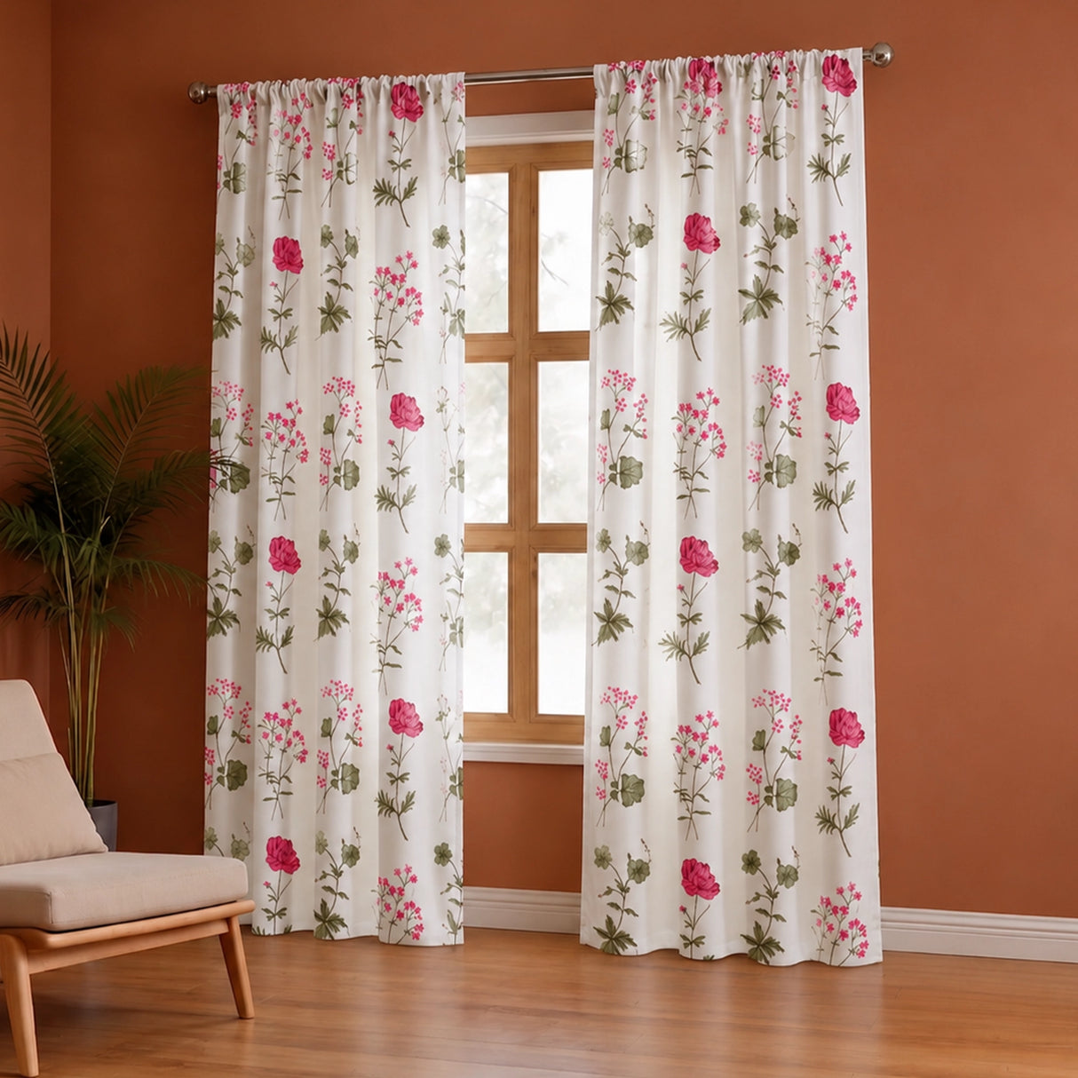 Pink Floral Printed Rod Pocket Duck Curtain