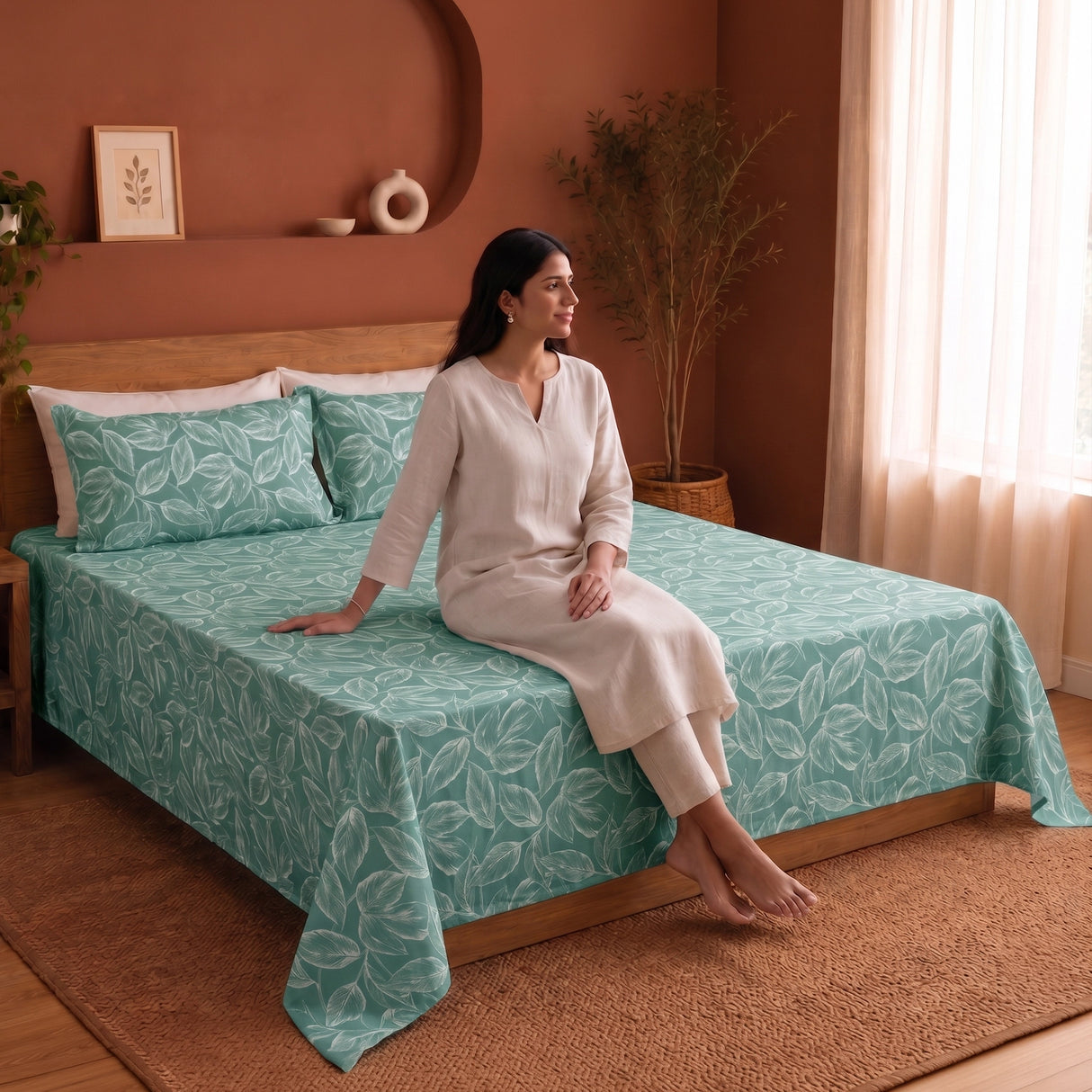 Imprimer Lilac - Leaf Printed Bedsheet (Aqua Blue)