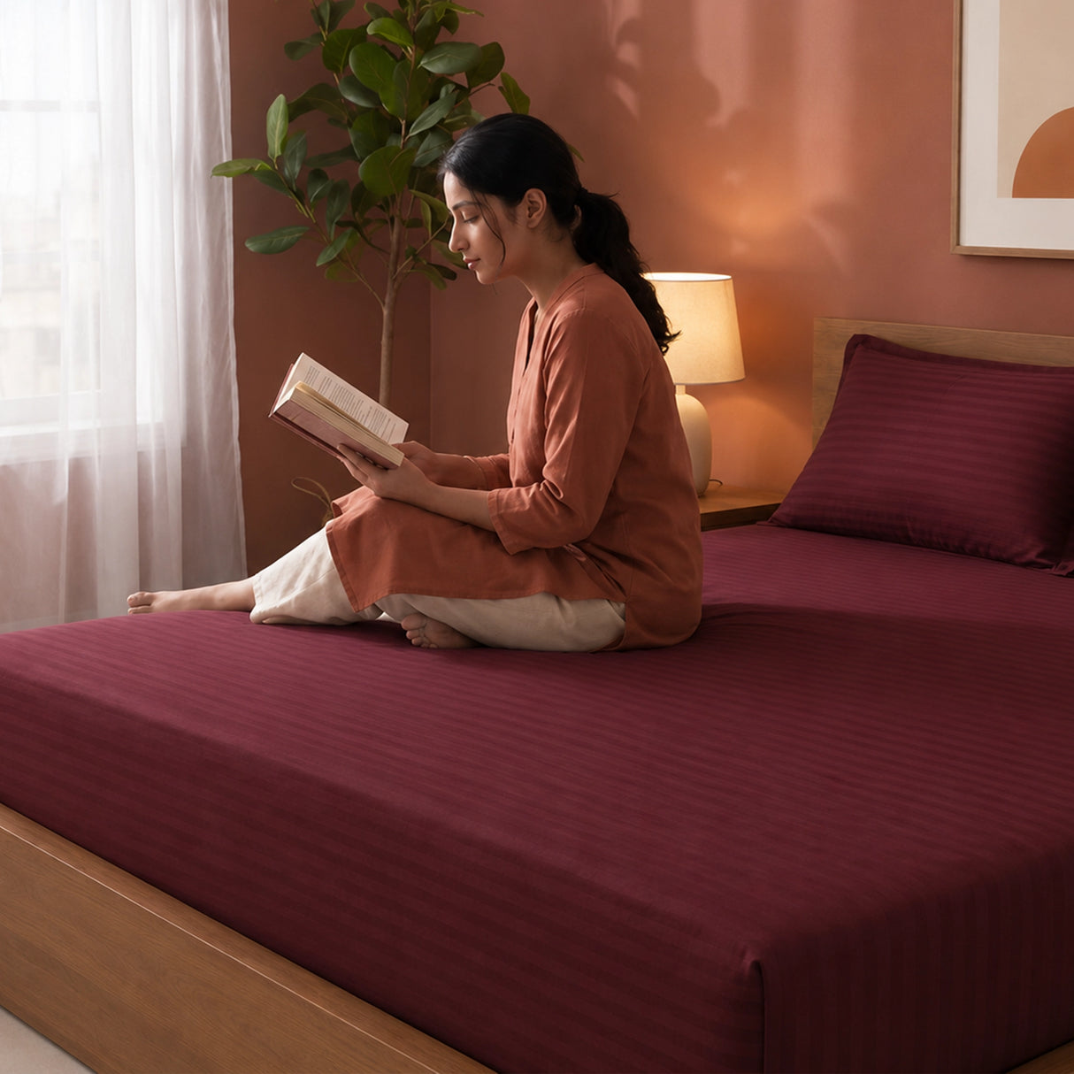 Breton Drift - Satin Stripes Fitted Bedsheet (Maroon)