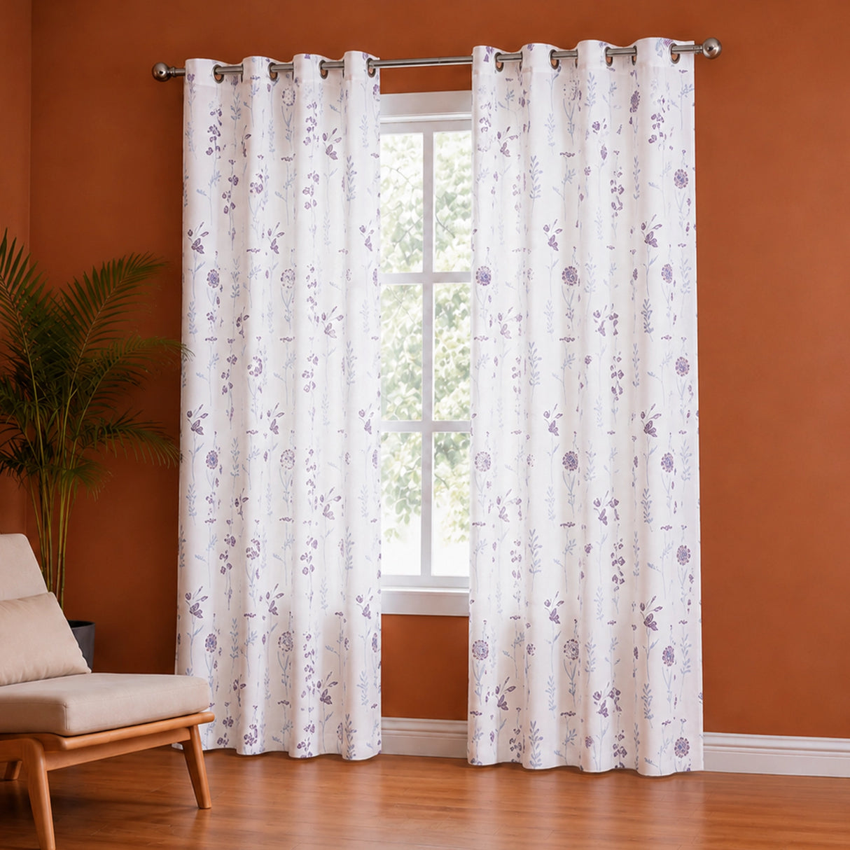 Blue & Purple Floral Flaux Eyelet Duck Curtain