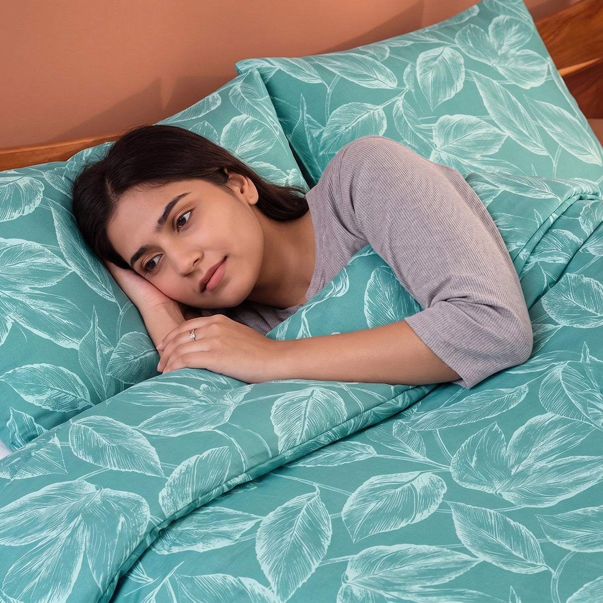 Imprimer Lilac - Leaf Printed Duvet Cover (Aqua Blue)