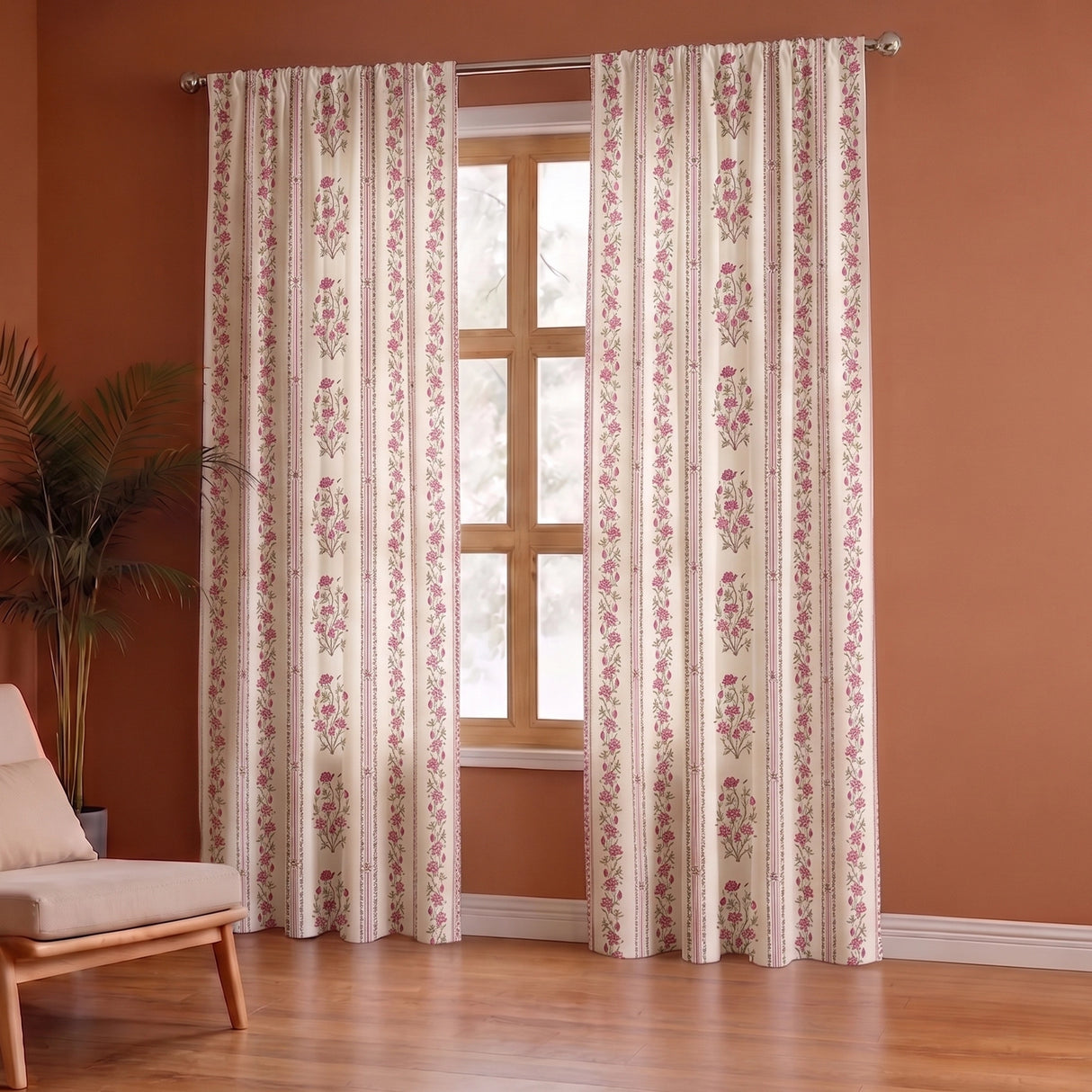 Pink Floral Petal Stripe Rod Pocket Printed duck Curtain